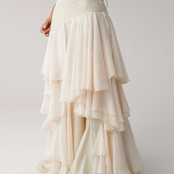 Beige Asymmetrical Party Women's Chiffon Ruffle Patchwork Loose Hem Pants - Picture 4 of 6